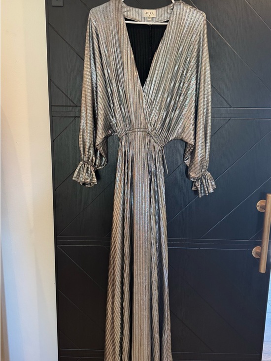 Aura Dresses & Skirts - AURA Metallic Pleated Wrap Maxi Dress- Metallic Silver Size XS